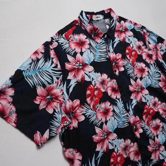 Vatpave Mens XXXL Hawaiian Shirt Black Hibiscus Floral Aloha Short Sleeve - Picture 4 of 10